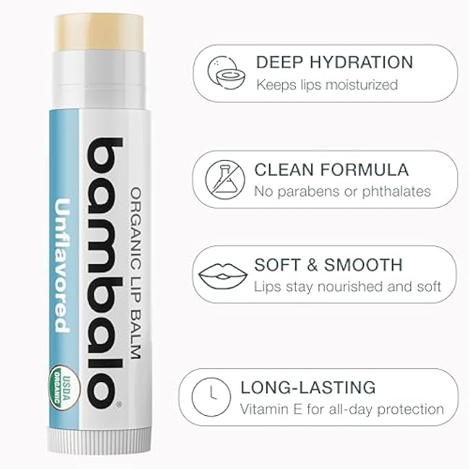 Bambalo USDA ORGANIC LIP BALM UNFLAVORED 4-PACK BY  BEESWAX, COCONUT OIL, VITAMIN E  GENTLE LIP REPAIR CHAPSTICK FOR DRY LIPS  MOISTURIZING CARE FOR MEN AND WOMEN - Image 2